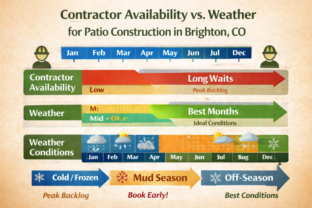 Diagram comparing contractor availability and weather conditions for patio construction in Brighton.