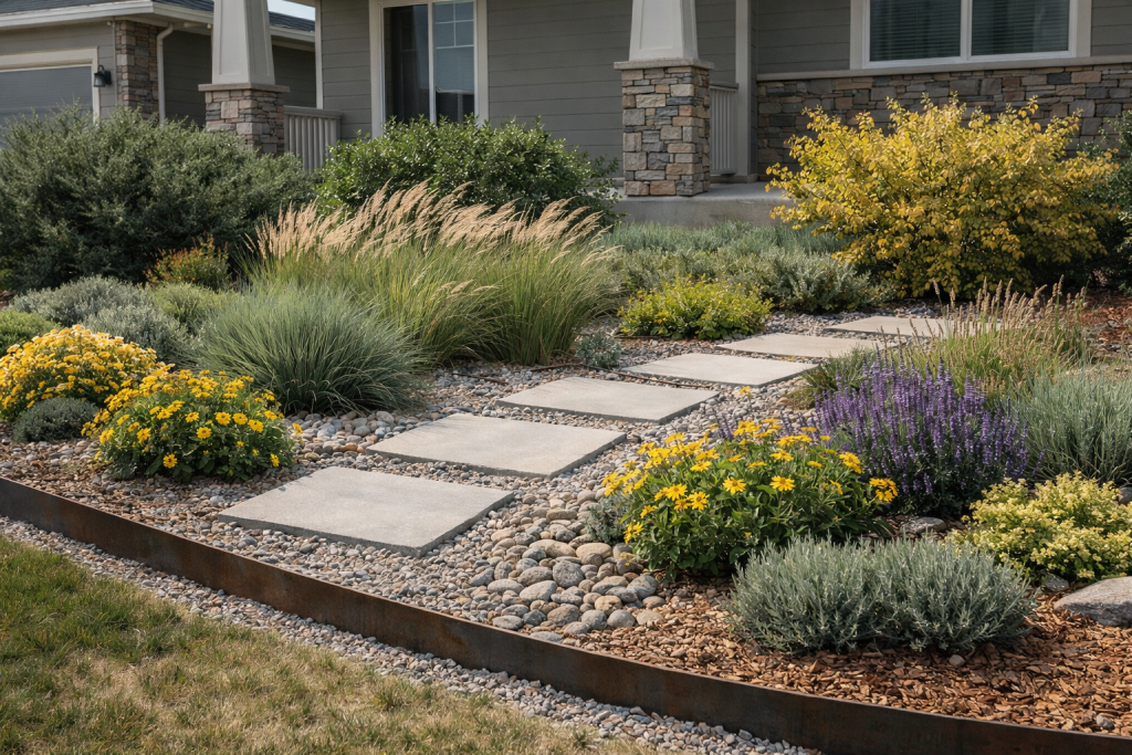 Finished Brighton, Colorado front yard xeriscape with layered shrubs, ornamental grasses, flowering perennials, defined steel edging, gravel accents, and a stepping-stone path.