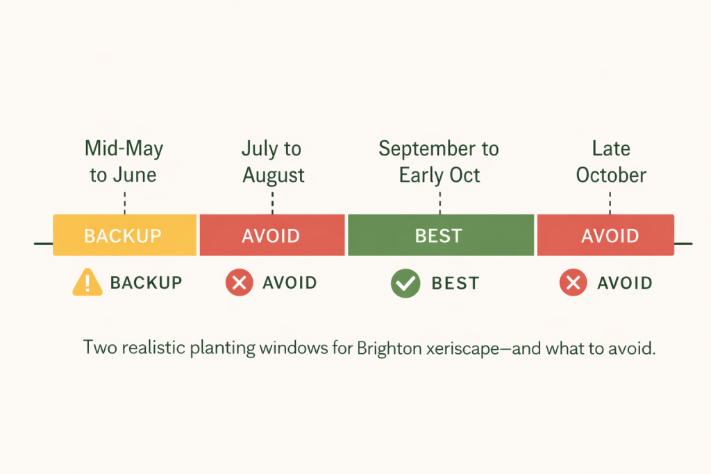 Seasonal planting window strip for Brighton xeriscape showing best fall timing, backup late spring timing, and months to avoid.