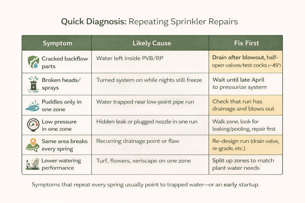 Quick diagnosis table linking sprinkler symptoms to likely causes and fix-first actions in Brighton, Colorado.