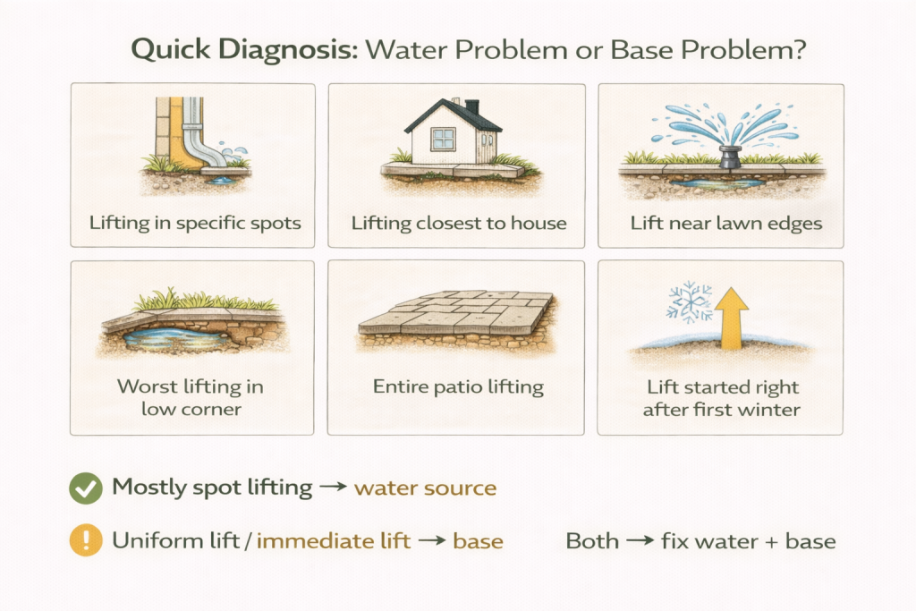Quick diagnosis cards showing signs of water-source lifting versus base failure for pavers in Brighton, Colorado.