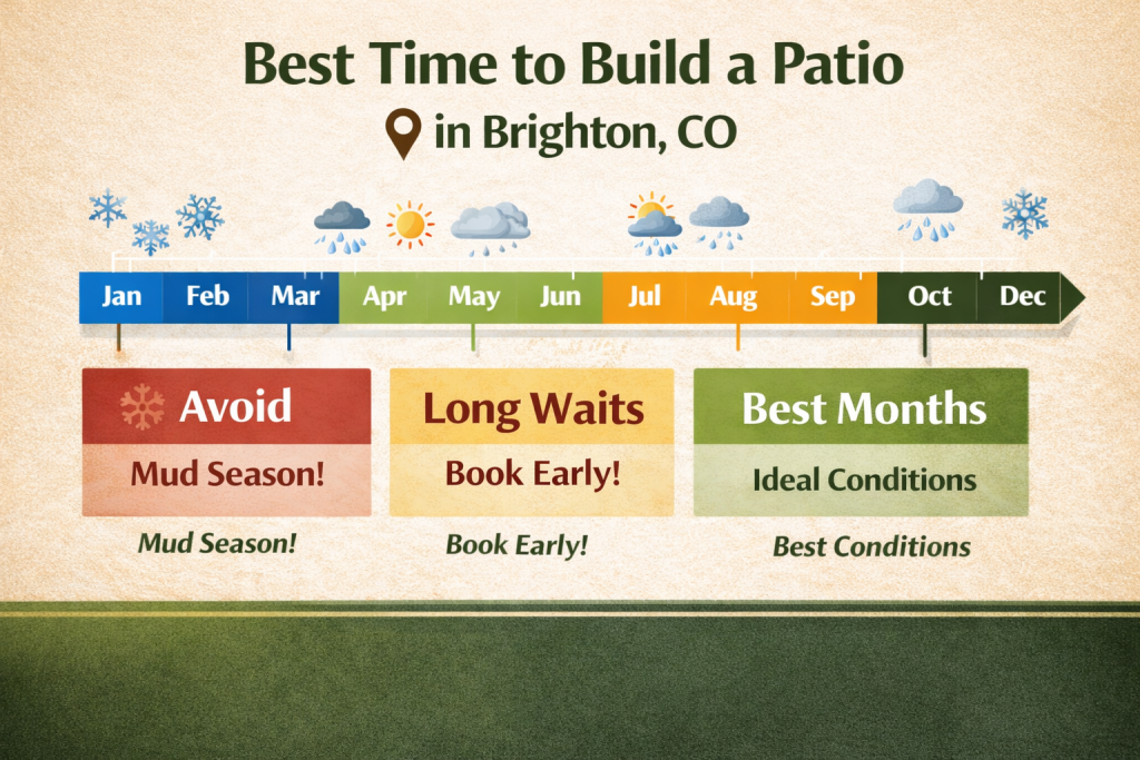 Timeline visual showing the best months to build a patio in Brighton, CO.