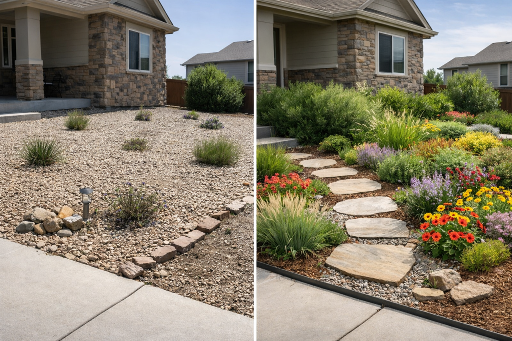 Before-and-after split of a Brighton, Colorado front yard showing a rock-heavy layout versus a layered xeriscape with shrubs, grasses, perennials, and defined edging.