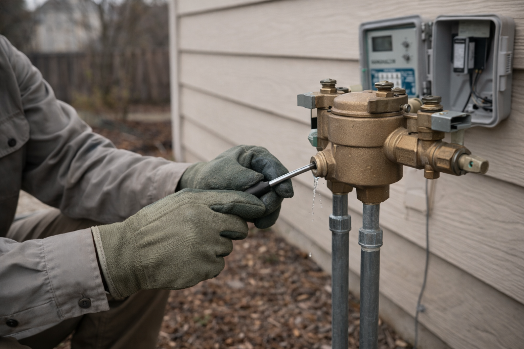 Editorial photo of a technician inspecting a sprinkler backflow assembly in a Brighton residential yard.