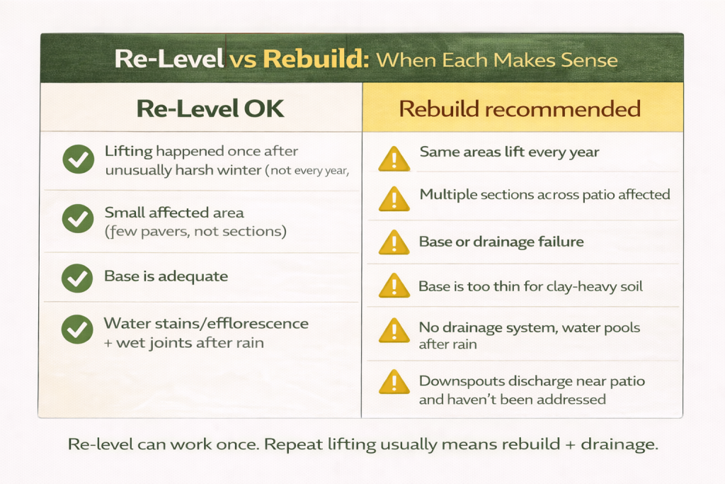 Comparison chart showing when re-leveling pavers is enough versus when a full rebuild is needed in Brighton, Colorado.