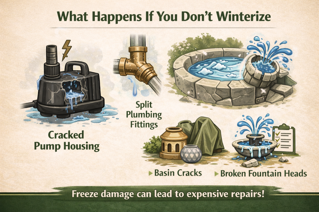 Damage to pump housing caused by improper winterization and freezing.