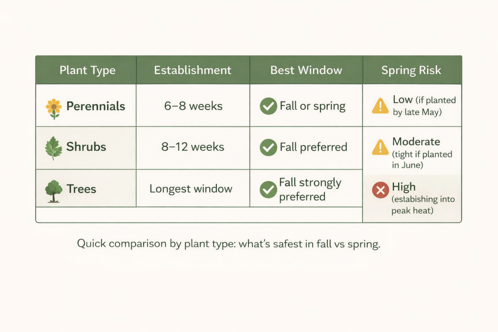 Comparison chart showing establishment time and best planting window for perennials, shrubs, and trees in Brighton, Colorado