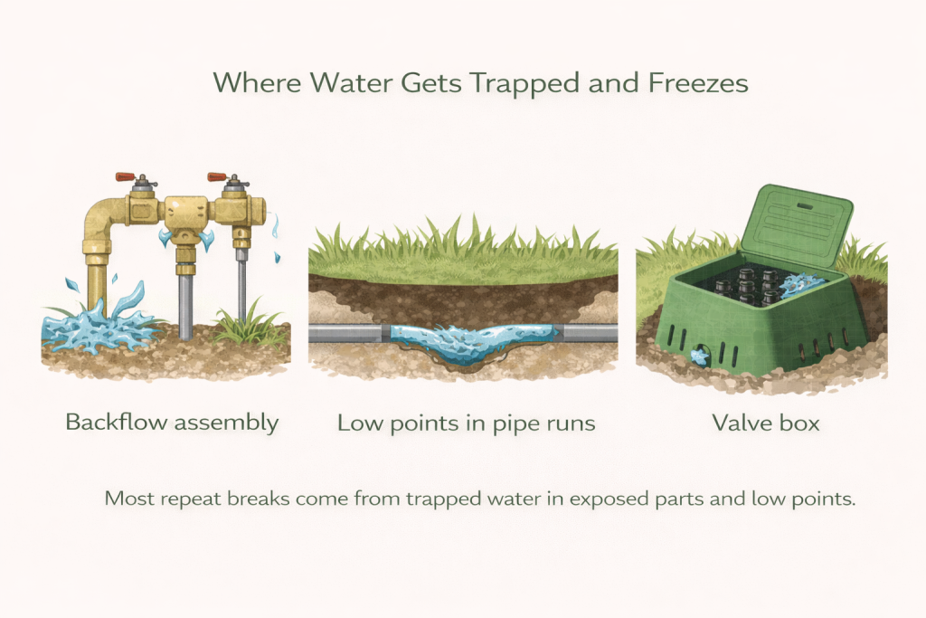 Simple diagram showing trapped water points in a sprinkler system: backflow assembly and low-point pipe runs.