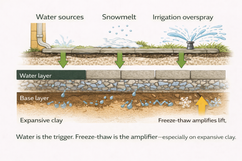 Simple diagram showing how water reaches expansive clay under pavers and freeze-thaw cycles amplify lifting in Brighton, Colorado.