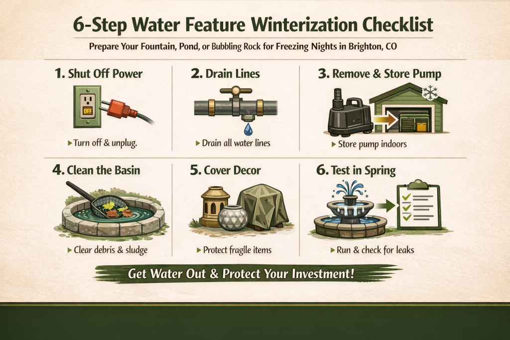 Winterization checklist visual for backyard water features in Brighton.
