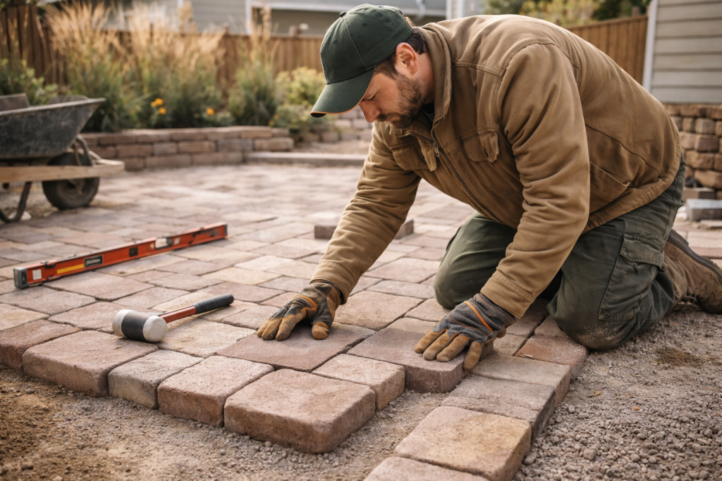 Landscaping professional building a patio in Brighton, CO.