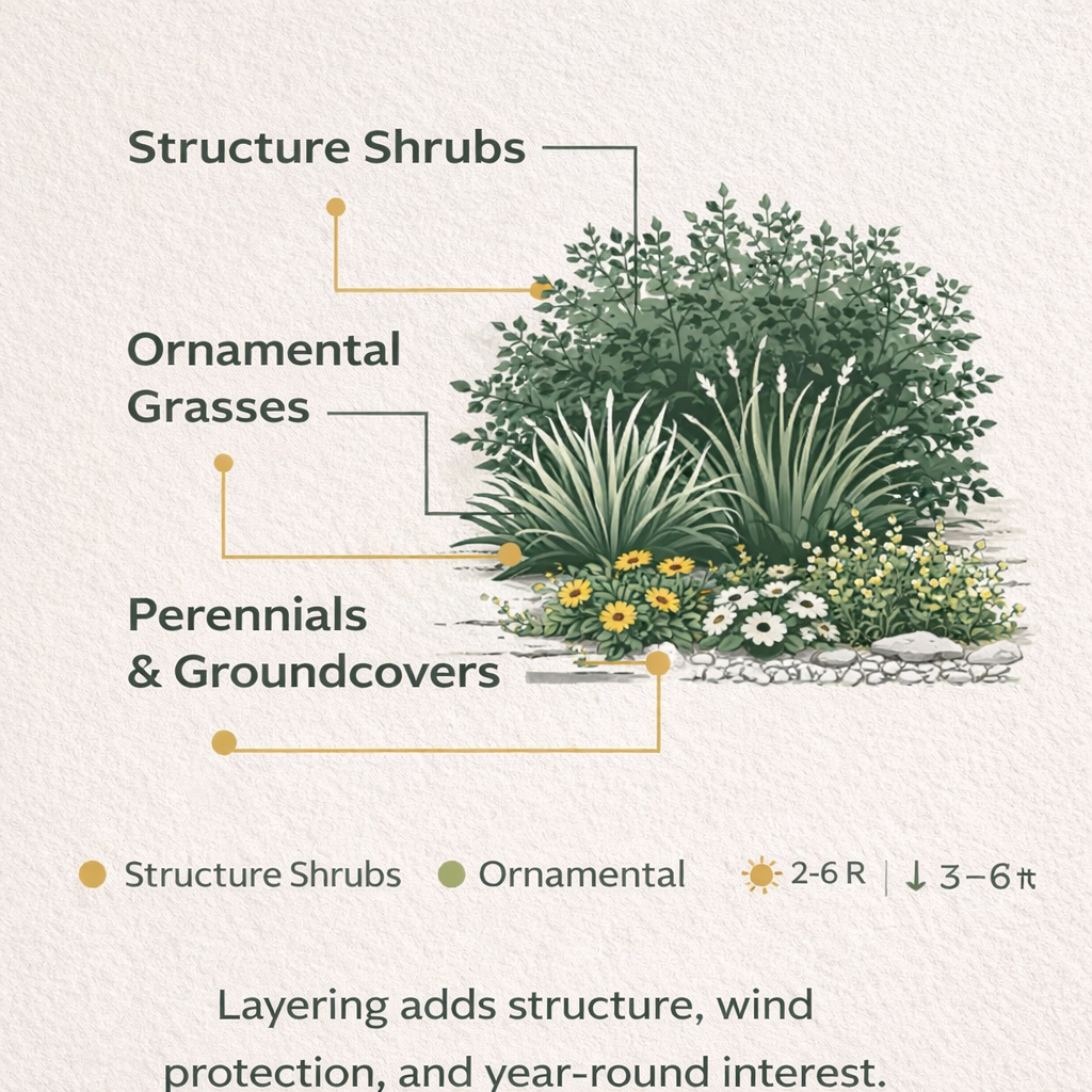 Simple diagram showing shrubs in the back, grasses in the middle, and perennials/groundcovers in the front for a layered xeriscape design.