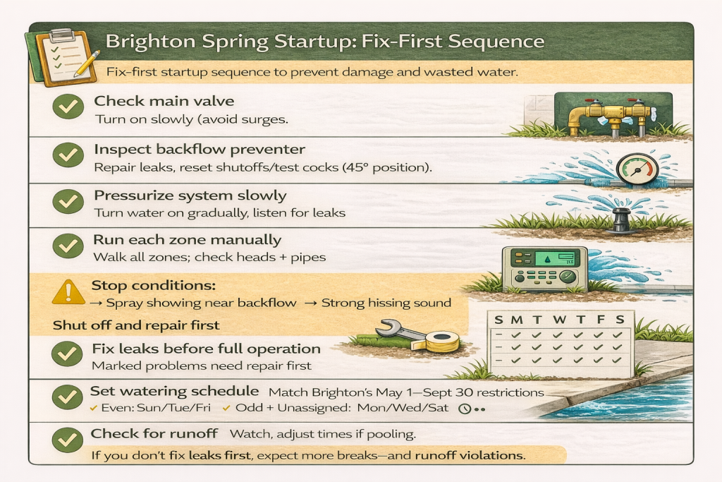 Spring startup checklist for a sprinkler system in Brighton, CO including a zone-walk and stop conditions.