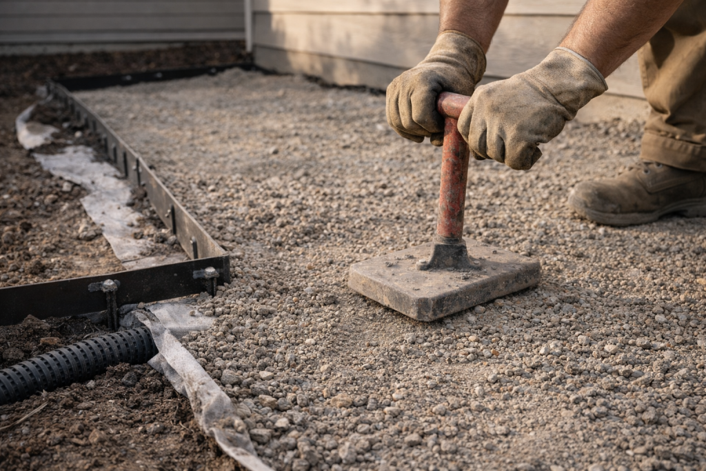 Editorial close-up of paver base preparation with compacted aggregate layers and metal edge restraint for freeze-thaw durability in Brighton, Colorado.