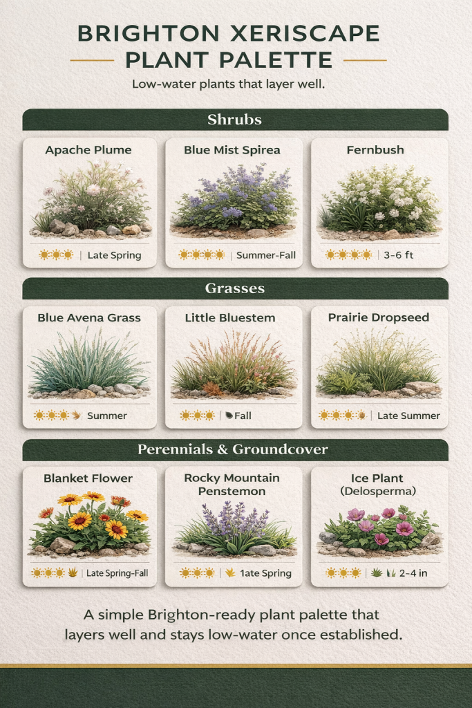 Plant palette cards for a Brighton xeriscape featuring shrubs, grasses, and flowering perennials/groundcovers with sun, bloom season, and mature size