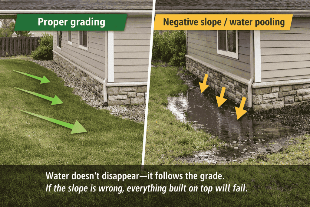 Yard grading slope comparison water draining away vs pooling near house Brighton Colorado
