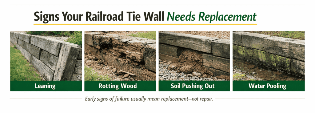 Signs of a failing railroad tie retaining wall in Brighton Colorado
