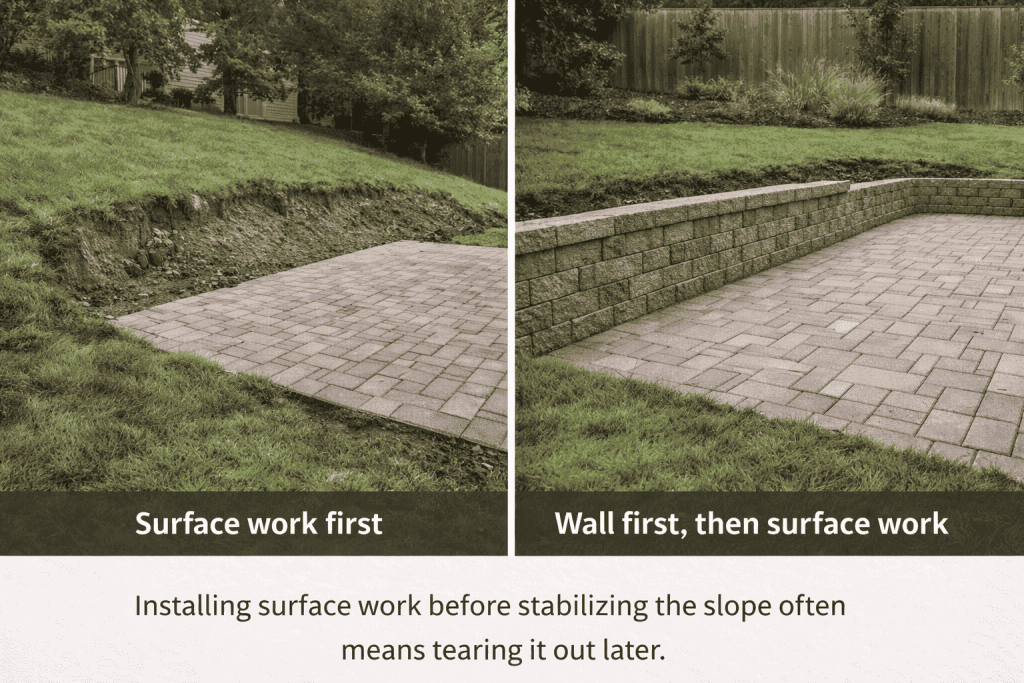 Retaining wall first vs patio first in a sloped yard in Brighton Colorado