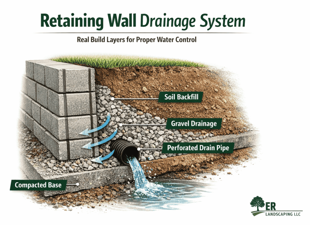 Retaining wall drainage system diagram with gravel and drain pipe