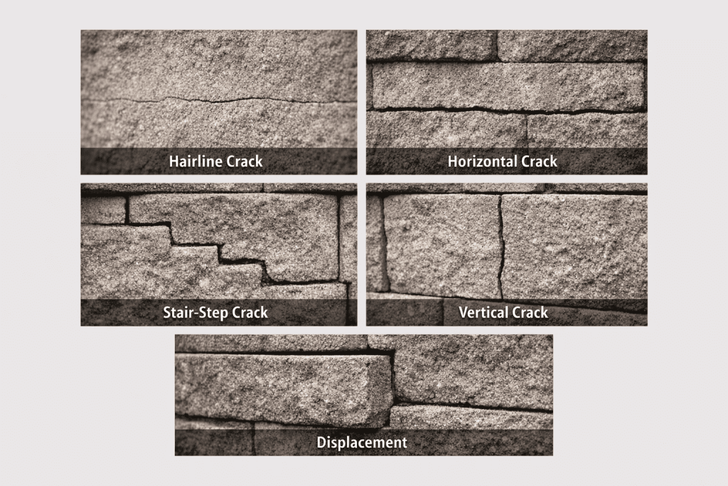 Types of retaining wall cracks including hairline horizontal stair-step and displacement in Brighton Colorado